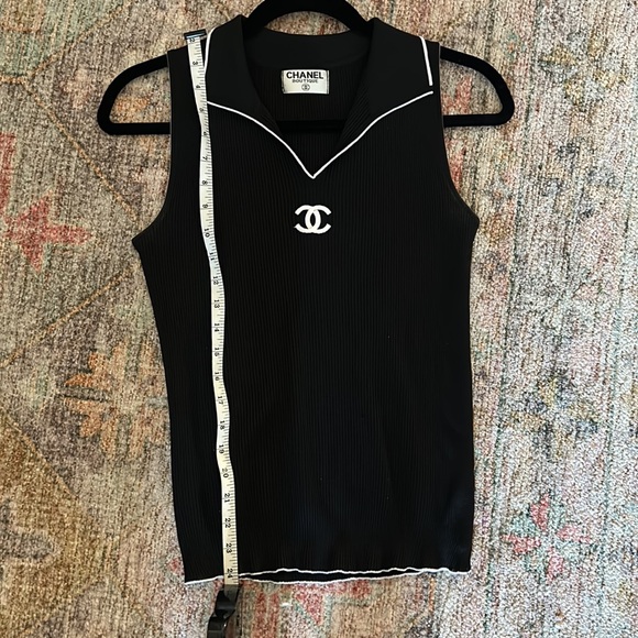 CHANEL BLACK AND WHITE EMBROIDERED CLASSIC LOGO KNIT RIBBED POLO TANK TOP SMALL - Picture 5 of 5